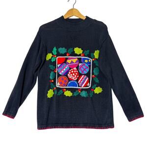 VTG 90s Ornaments & Holly Grandmacore Holiday Sweater Women's S Knit Textured
